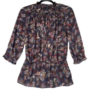 Banana Republic Shirt Womens XS Black Abstract Semi Sheer Dark Artsy‎ Art Deco